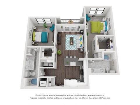 Floor plan for 2 beds, 2 baths, 1119 sqft
